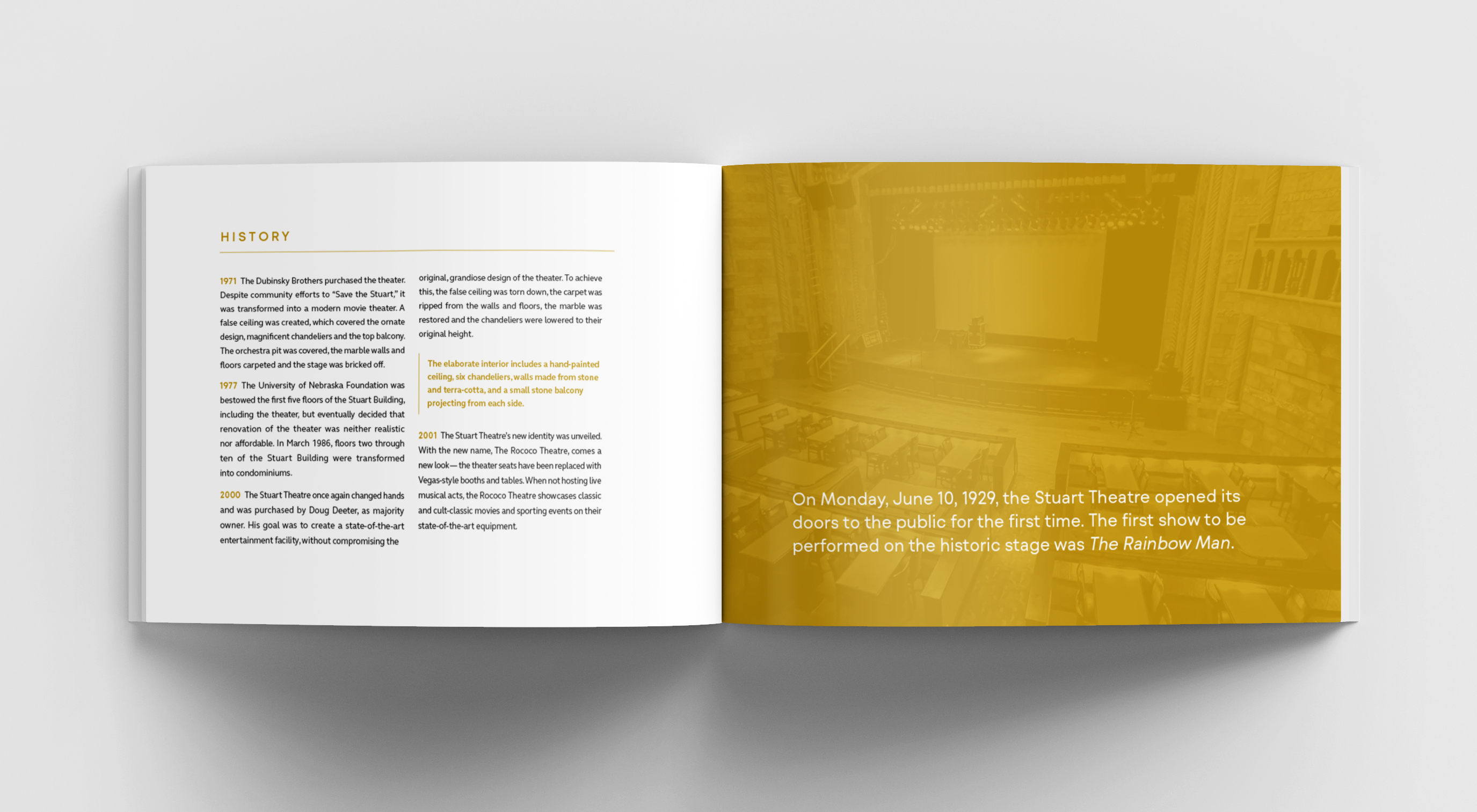 Photo of the second and third interior pages of the Rococo Theatre Brochure